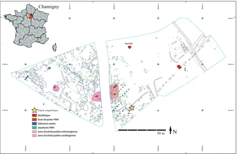Fig. 1 – Plan masse des structures archéologiques sur le site de la Grande Maison à Chamigny :   1, sépulture collective ; 2, blocs n° 1 (stèle anthropomorphe), n° 2 et n° 3 (DAO : R
