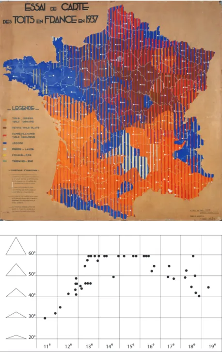 Fig. 3  – Carte des toits de France dessinée  en 1937. Dessin de Gabriel Baron, d’après  les documents de F