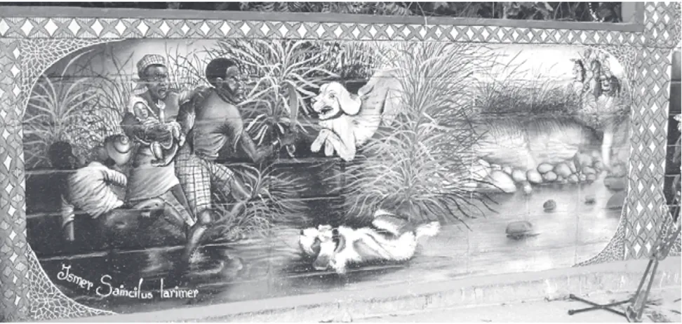 Figure 1. Située sur la Route Frères, à l’est de Port-au-Prince, cette peinture met en scène un couple d’esclaves fuyant devant l’avancée de chasseurs de marrons, précédés de leurs chiens