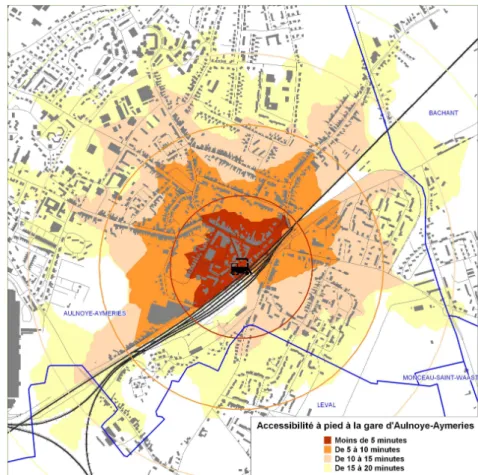 Illustration 4 : Exemple de cartographie des zones d’accessibilité piétonne :  Aulnoye-Aymeries (Nord), © Cete Nord-Picardie, 2009 