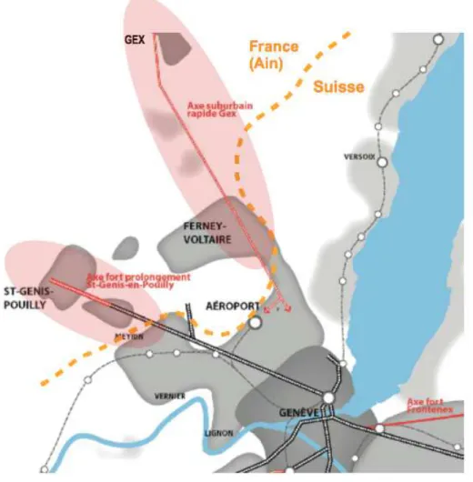 Figure 3. Carte des deux corridors concernés par les contrats d’axe du Genevois  (d’après le document « Projet d’agglo franco-valdo-genevois