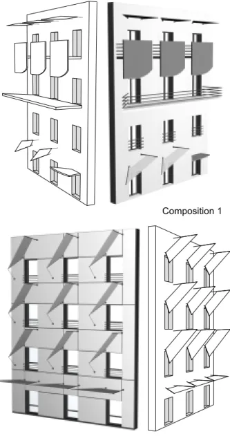 Figure  13  :  ensoleillement  de  la  façade  de  la composition 1 en  différentes  périodes  (du  noir vers le blanc : fraction du  temps  de  la  période à  l’ombre,  de  0%  à  100%)
