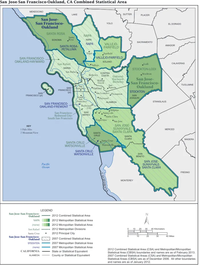 Figure 4 : Les géométries variables de San Francisco : de la ville à la grande métropole  Source : US Census Bureau, CSA map, 2012-2007 