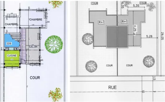 Figure 4a : Maisons jumelles des Castors familiaux dans leur état (et leur plan) d’origine : le plan du rez-de-chaussée du pavillon Castors CFT (à gauche), deux pavillons accolés symétriquement forment le type de pavillon jumelé (plan de masse à droite).