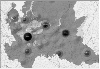 Figure 1 : Variation de la densité démographique entre le  jour et la nuit dans l’aire métropolitaine milanaise* 