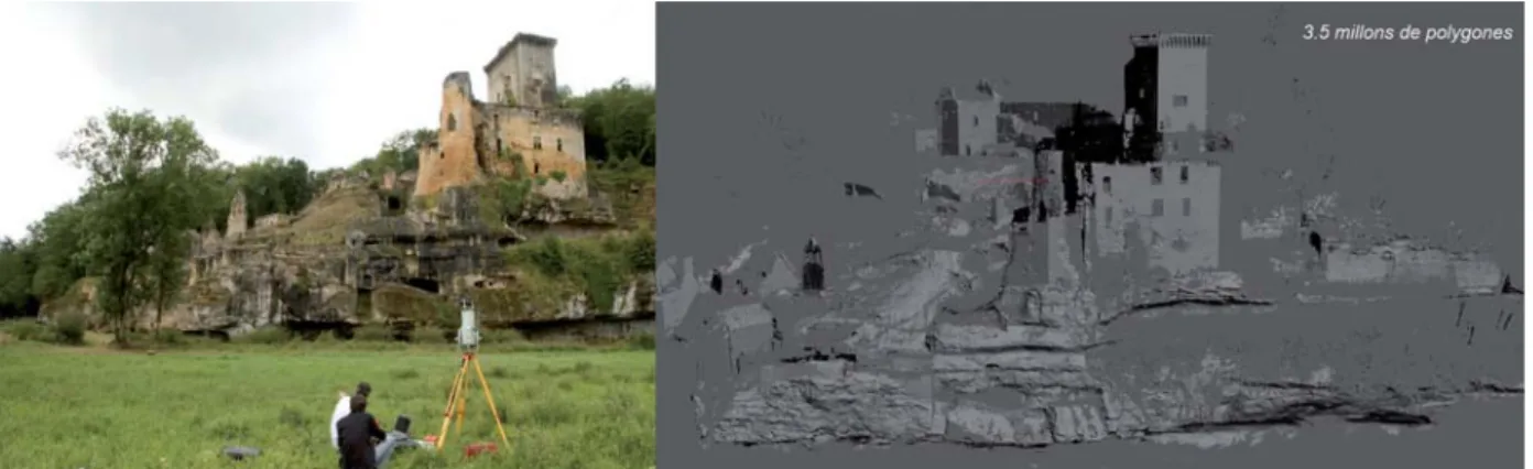 Fig. 1. Exemple de numérisation de site, château de Commarque (24) à l’aide d’un scanner Riegl longue portée, les données ﬁnales (à  droite) sous formes maillées représentent 3.5 millions de triangles