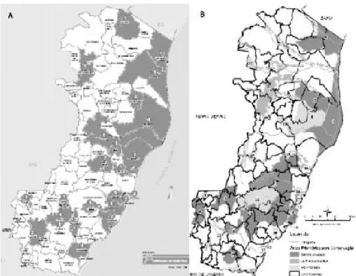 Figura 4: Localização geográfica dos viveiros no Espírito Santo (a) e das áreas prioritárias               para conservação da Mata Atlântica (b).