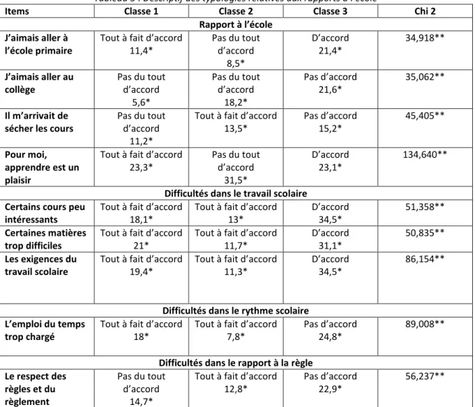 Tableau 5 : Descriptif des typologies relatives aux rapports à l'école 