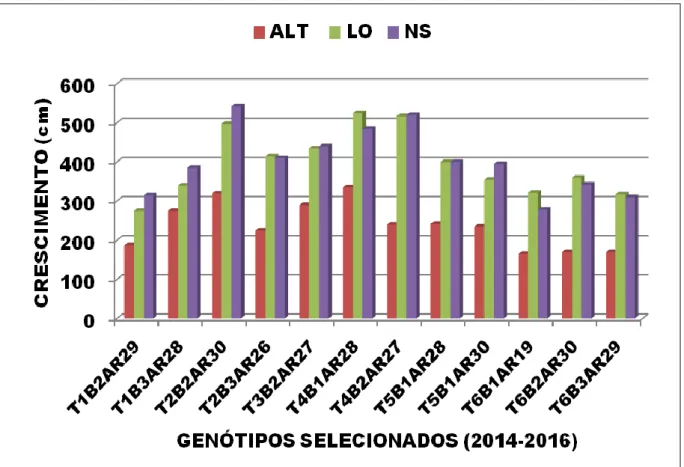 Figura 12 -  Genótipos de aroeira selecionados com a maior média nos anos de 2014 a 2016,  em relação à altura das plantas (Alt), diâmetro da copa no sentido Leste – Oeste  (LO) e diâmetro da copa no sentido Norte-Sul