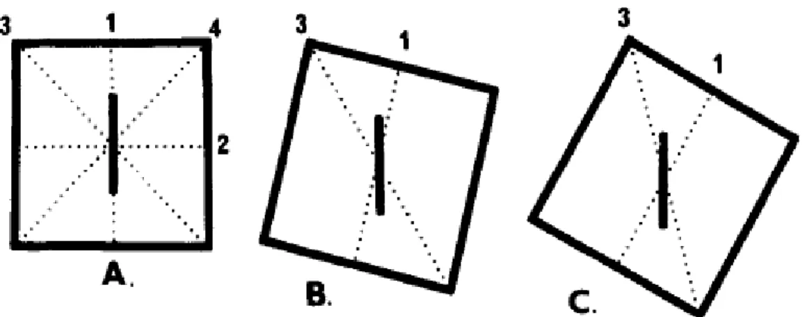 Figure  1.6.    Illustration  des  lignes  de  référence  quand  le  cadre  est  carré  (1  =  verticale,  2  =  horizontale,  3  et  4  =  diagonales)  et  des  lignes  les  plus  proches  de  la  verticale  quand  le  cadre  est  incliné de 0° (A), de 15