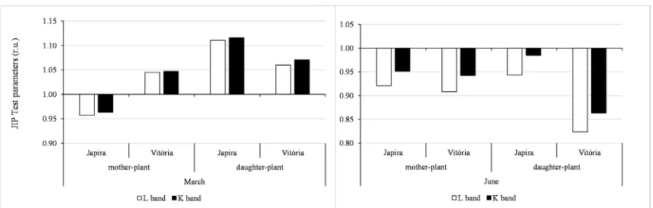 FIgURE 3 - Relative variation of the    L Band and K Band values obtained in two development stages: 