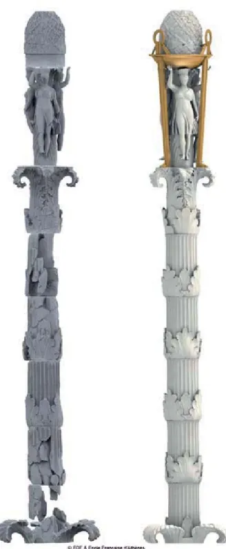 Fig. 7. Colonne remontée maillée ombrée (à gauche) ;  colonne restituée (à droite).