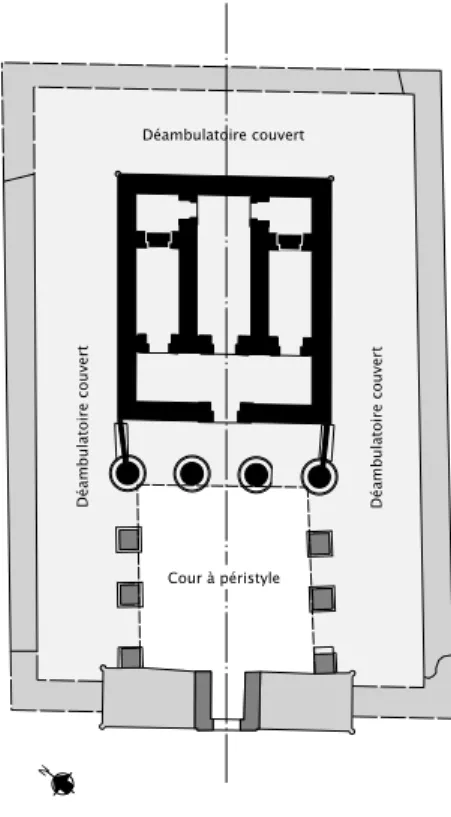 Fig. 9 : Comparaison des plans des temples de Bouhen et d’Amada, cour à péristyle et déambulatoires  (© J.-Fr