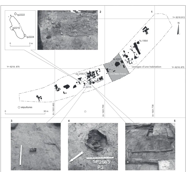 Fig.  4  –  Rue Paille-Maille  : 1, plan de masse de la fouille  ; 2, structure augustéenne st.2215, vue de l’ouest  ;  3, palissades, vues du nord ; 4, sépulture sp.2583, vue de l’ouest ; 5, construction sur plancher de bois à l’ouest de la voie,  vue de 