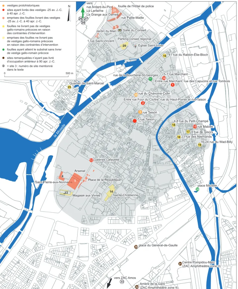 Fig. 2 – Principaux sites mentionnés dans le texte, localisés sur le cadastre actuel (éch. : 1/10 000) (DAO : Y. Daune, Metz Métropole).