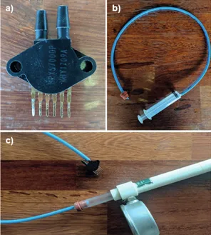 Figura 5. a) Sensor de pressão MPX5700 DP; b) mangueira de conexão; c) conexão do sensor com o tensiômetro.