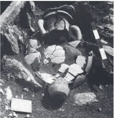 Fig. 2. Hydrie placée en position « debout », protégée par un petit coffre  constitué de dalles de calcaire (tombe N1)