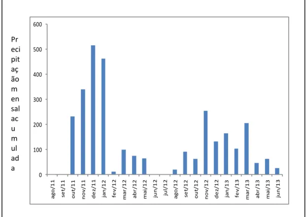 Figura 7 – Precipitação mensal acumulada de agosto de 2011 a junho de 2013 na  Bacia do São Joaquim, Araponga-MG