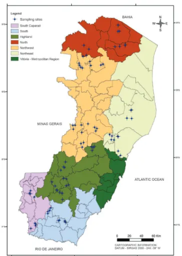 Figure 1. Map of Espírito Santo state showing the sampling  sites of pastures in which heteropterans were collected.