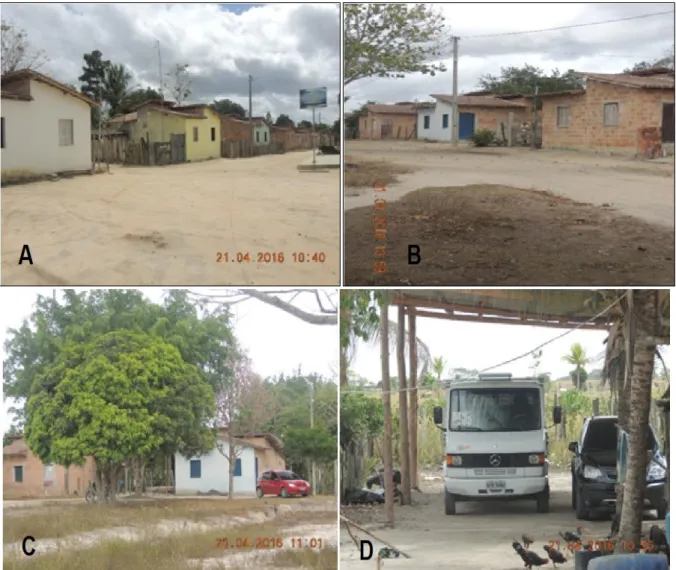 Figura 6: Vista parcial de trecho de ruas do assentamento Associação Terra Bahia, mostrando casas  com  reboco  e  pintura  (A)  casas  somente  entijoladas  (B)  veículos  de  passeio  e  de  carga  (C  e  D)  pertencentes a moradores  