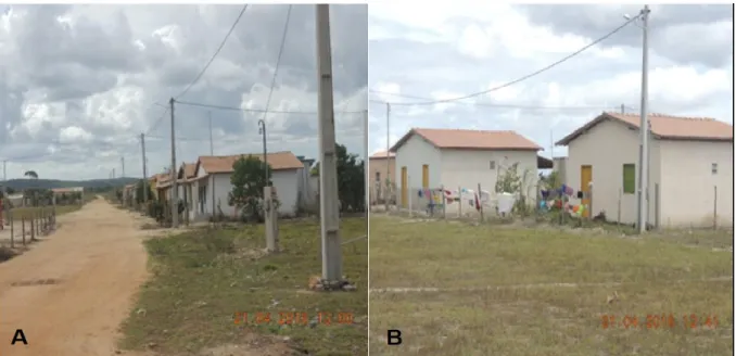 Figura  15:  Fotos  parcial  da  iluminação  das  ruas  (A  e  B)  e  de  um  padrão  de  energia  (A)  das  residências da Agrovila 