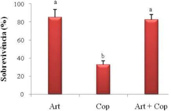 Figura  4  –  Sobrevivência  das  larvas  de  robalo-peva  Centropomus  parallelus  com 45 dias de idade, após 15 dias, alimentadas com diferentes alimentos vivos  (Art = Artemia; Cop = Copépodo)