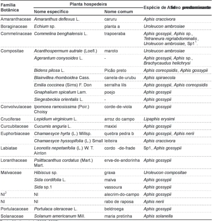 TABELA 3. Plantas hospedeiras de afídeos associadas à cultura do mamoeiro, no norte do Estado do Espírito Santo