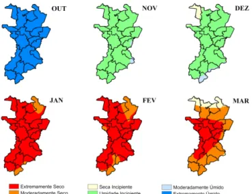 Figure 5. Spatial distribution of SPI-3 months on the  northwestern region of Espírito Santo state to the period from  October 2009 to March 2010.