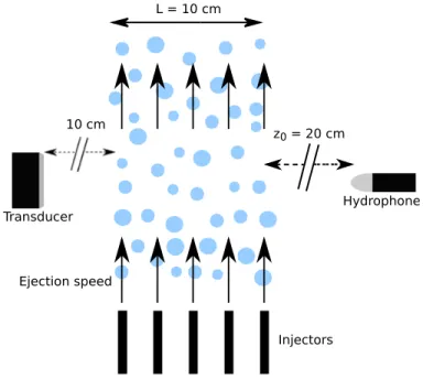 Figure 2: Experimental setup : Five injectors inject bubbles in the surrounding water at an ejection speed ~ v