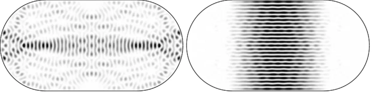 Figure 10: Two eigenstates of the stadium billiard (β = 1). Left (k = 39.045): the mode has a scar along the unstable horizontal orbit