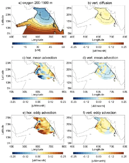 Figure 4: The Arabian Sea OMZ budget. Oxygen budget between 200 and 1500 m in the  Arabian Sea OMZ, simulated with a forced eddy-resolving ocean regional model [M/month]