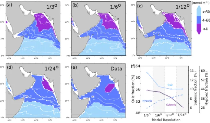 Figure 5: The Arabian Sea OMZ sensitivity to model resolution. Horizontal distribution of  dissolved oxygen at 250 m depth in winter (December–February) and volume fraction of the  Arabian Sea OMZ (defined as the volume of suboxic waters, in purple) in a s