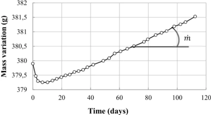 Figure 7: Cup mass evolution vs. time for a 33% (RH 1 )-50% (RH 2 ) RH range at 20°C [11]