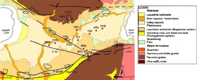 Figure 1. Map of the Mygdonian basin (Mountrakis et al., 1997), showing the strong motion array at the free  surface (red squares), the faults (solid black lines) and villages outlines bordering the basin (solid lines)