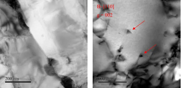 FIG. 6. TEM bright field image showing intergranular bubbles between precipitates (left figure) and  triangular-shaped defects, (right figure) indicated by the red arrows