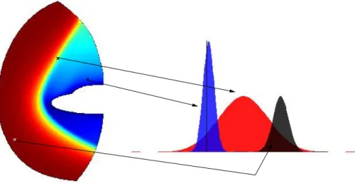 Figure 1: Three distribution functions in different space points of a computational domain for a re-entry problem