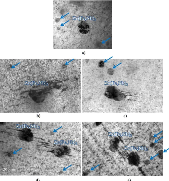 FIG. 8: SPPs and &lt;c&gt;-component loops. Micrographs with g=0002 diffracting vector, a)  M5 ®  alloy irradiated during seven annual cycles [11], b) Zr1Nb0.3Sn0.1Fe alloy  irradiated during two 18-month cycles, c) Zr1Nb0.3Sn0.2Fe alloy irradiated during 