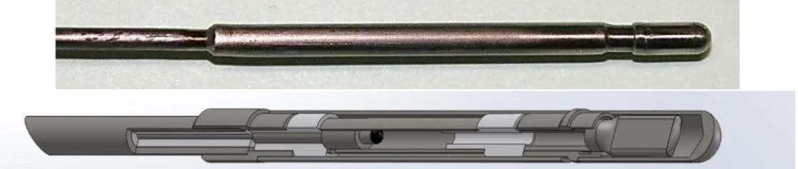 Figure 4. Picture and drawing of a 3 mm miniature gas ionization chamber manufactured by  CEA  