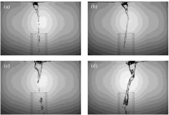 Figure 2. Snapshot of non-continuous surface swirls and gas entrainments for (a)  Q in  = 5.7m 3 /h, Q suction  = 4.9m 3 /h and (c)  Q in  = 9.5m 3 /h, Q suction  = 7.1m 3 /h