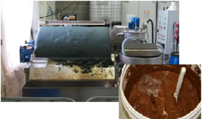 Fig. 2: Waste reconstitution: filtration, and photo of sludge  before cementation 