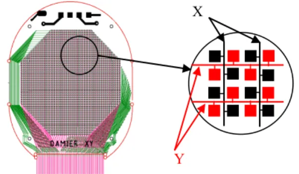 Figure 2: view of the XY matrix with a zoom on the strip  connection. Grounded grids  foil CP MMagnetX Y 