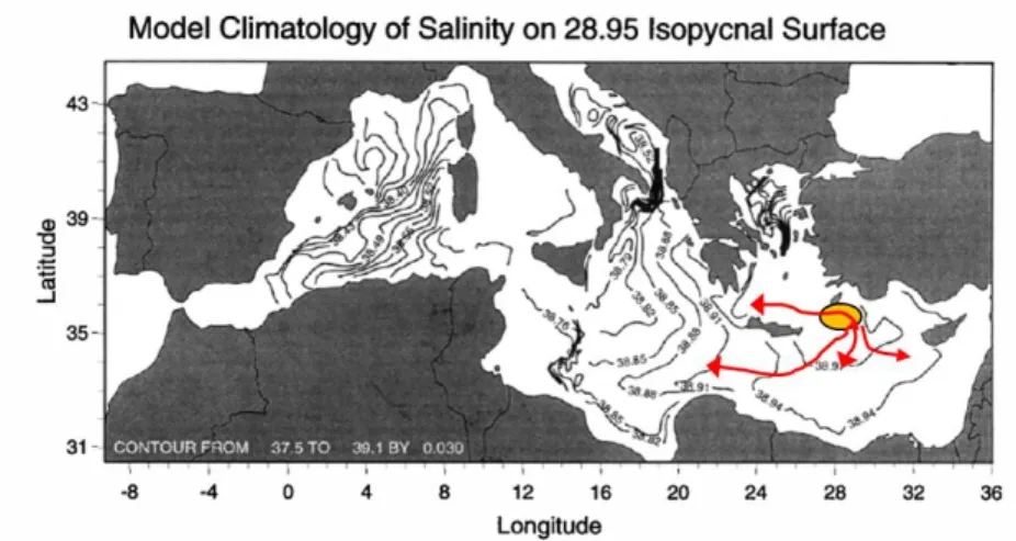 Fig. 5.  Salinity  on  28.95  kg  m -3   isopycnal  surface  from  a  20  year  average  after  a 100-year  simulation (adapted from Wu and Haines (1998))