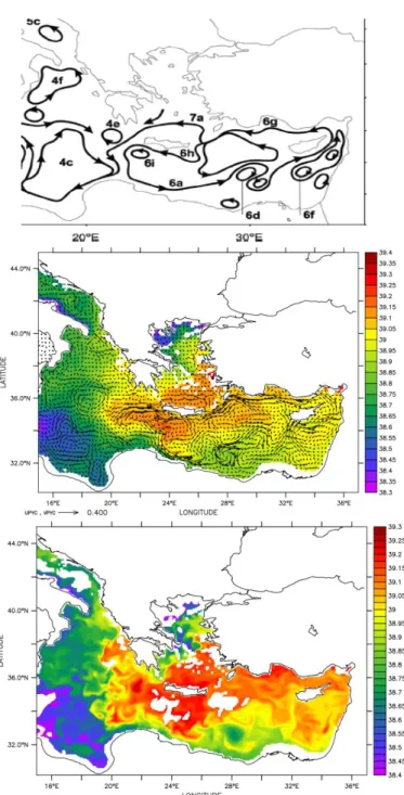 Fig. 6. Top: Eastern Mediterranean circulation from Pinardi et al. (2015). Middle: 2016 average  salinity  and  currents  on  28.95  kg  m -3   σ θ   potential  density  anomaly  from  CMEMS  (2017)