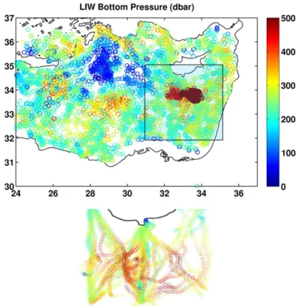 Fig. 7. Map of pressure (dbar) of 29.0 kg m -3  isopycnal from Argo floats from 2002 to 2014,  recent  years  are  plotted  on  top  of  previous