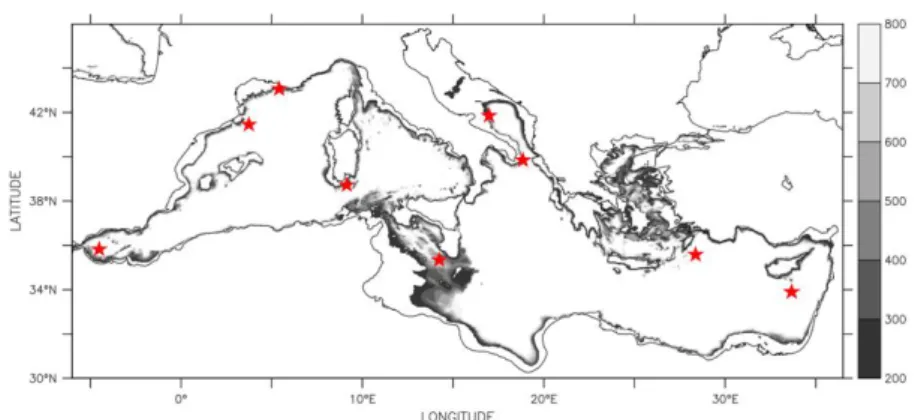 Fig.  1.  Mediterranean  basin  and  depths  at  which  cold  water  corals  may  be  found  (dark  grey)