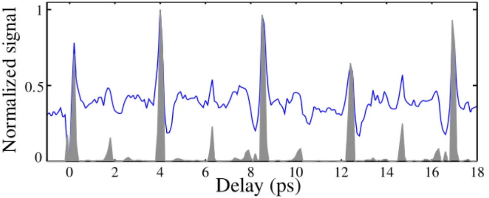 Figure 3. Evolution of the harmonic 17 total signal (line) and first order diffracted peak (gray shaded area) as a function of pump-probe delay.