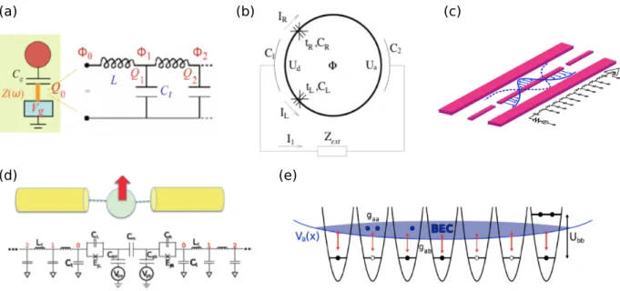 Figure 1: Spin-boson engineering. We summarize different geometries to be discussed below that realize the spin-boson model with ohmic dissipation in quantum electrical ciruits, circuit-QED, and cold-atoms