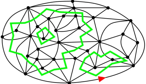 Figure 1. A planar triangulation with a boundary of perimeter 8 (with root in red, the distinguished face being the outer face), endowed with a loop configuration (drawn in green).