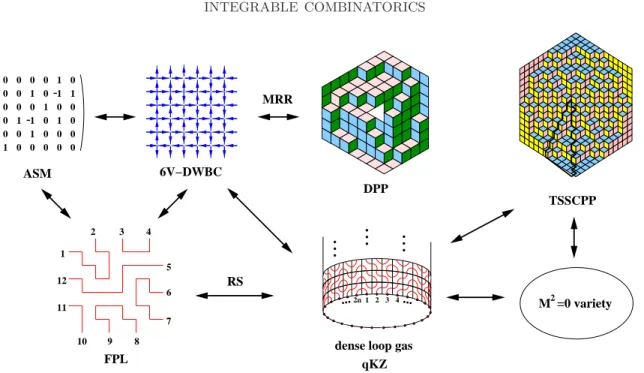 Figure 1. The combinatorial family of ASMs. From left to right: ASM, 6V- 6V-DWBC and FPL , all in bijection; dense O(n) loop gas: its groundstate/limiting probability vector satisfies the qKZ equation, the components measure FPL  corre-lations (RS conjectu
