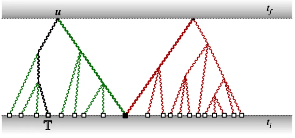 Figure 3: Typical term in D[u; z] (here we have shown a term with two nodes), showing the tree dependence on the initial field Φ ini (represented by open squares on the initial time surface)